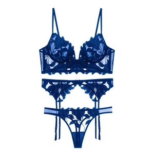 Three-piece deep blue sheer mesh lingerie set with floral embroidery and lace details