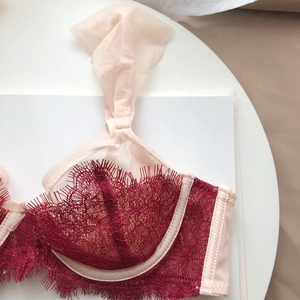 French style ultra-thin eyelash lace bra in burgundy with pink mesh straps