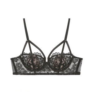 French style black lace bra with half cup embroidery and soft underwire support