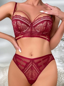 Detailed close-up of dark red lace lingerie set featuring strappy hollow-out design