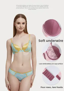 Detail view of lace embroidered cups with soft underwire and 4-row 2-hook closure