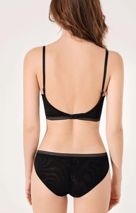Detail view of the black seamless U-shaped back bra and mesh panties on a female model