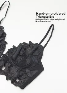 Close-up of black floral embroidery on a sheer French style deep V lace bra