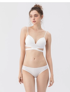 White seamless bra and panty set with backless U-shape and elegant lace-up straps