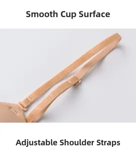 Detail of adjustable straps and smooth cup surface on seamless backless beige bra