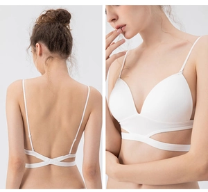 Detail of white seamless deep V-neck bra showing backless cross straps and elastic band