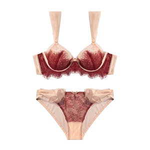 French Vintage Ultra Thin Lace Bra And Panty Wine Red Eyelash Lace Mesh Splicing Underwired Lingerie For Women