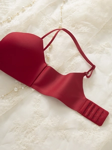 Detail view of seamless deep red bra with four-row hook-and-eye back closure
