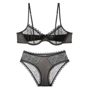 Sheer leopard print mesh bra and panty set with lace trim and underwire support