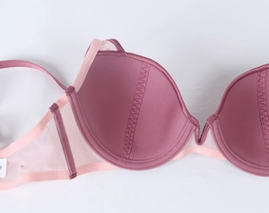 Close-up of pink lace bra inner cups with vertical stitching and size 75B label