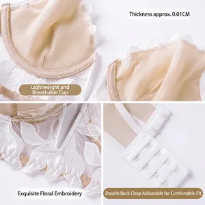 French style ultra-thin lace bra with floral embroidery and back closure details