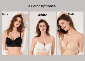 Seamless U-back bras shown in black, white, and nude colors with mesh details