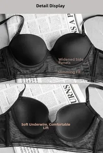 Detail view of black lace bra with soft underwire and wide side wings for support