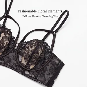 Black French floral embroidery lace bra with thin straps and supportive underwire