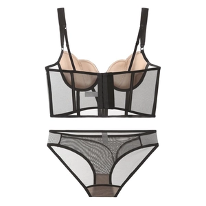 Set lingerie corsetto in rete nera stile francese con reggiseno push-up e pizzo trasparente