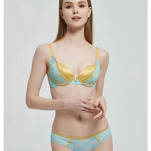 Sky blue lace and gold satin lingerie set featuring an underwire bra and matching panties