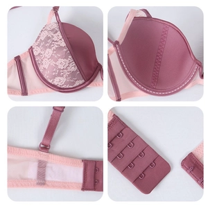 French lace push-up bra in dusky pink with four-grid detail showing fabric and closure
