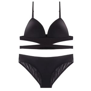 French style seamless black bra set with wireless triangle cups and criss-cross straps