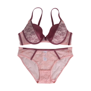 French retro lace patchwork bra and panty set in dusky pink with steel wire support