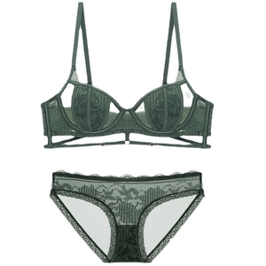 Elegant dark green lace lingerie set with soft wire bra and floral mesh panties for women