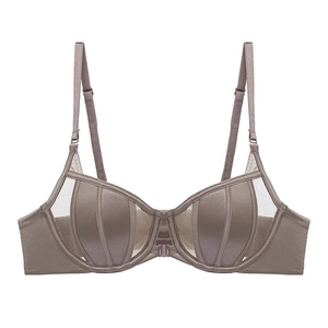 Front closure bra with sheer mesh panels and scalloped shell texture in dark latte color