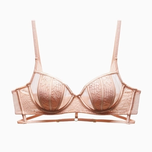 Detail of pink lace bra featuring soft underwire support and sheer mesh embroidery