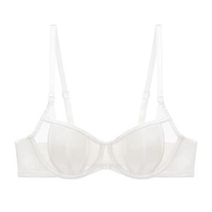 White front-close bra with mesh splicing and vertical lines on pure white background