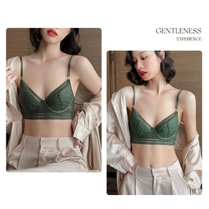 Detail of green floral lace bra and elegant V-neck design for a sophisticated look