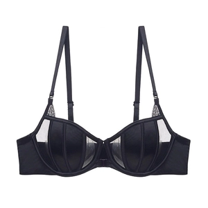 Black front-closure plunge bra with satin stripes and mesh panels for women