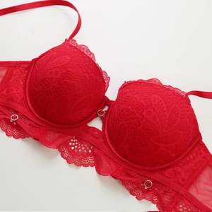 Détail d'un soutien-gorge en dentelle rouge avec broderies florales et anneaux dorés