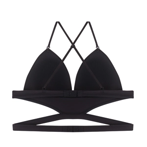 Seamless French style black triangle cup bra with U-back design and cross straps