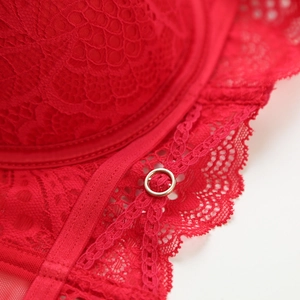 Gros plan détaillé sur la dentelle florale rouge et les anneaux dorés d'un soutien-gorge