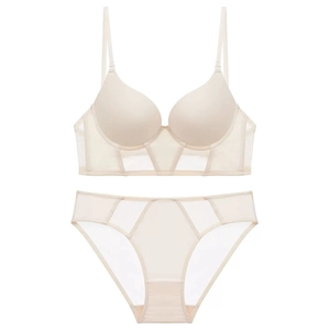 Detail view of seamless beige French U-back bra and matching mesh panty set on white