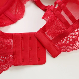Détail de soutien-gorge en dentelle rouge avec fermeture à agrafes et résille fine
