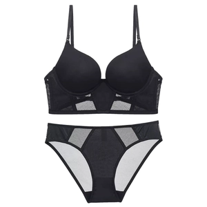 French style U-shaped seamless black lingerie set with mesh detail and push-up bra