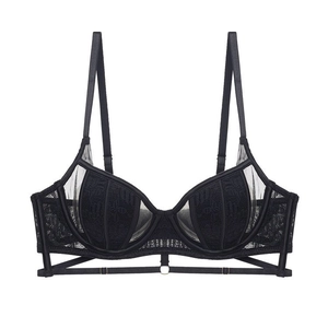 Sexy black lace unlined bra with sheer mesh and hollow out ring detail on white background