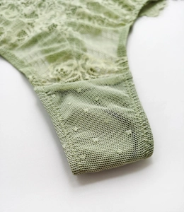 Détail macro d'une culotte en dentelle vert clair avec maille florale et bords festonnés