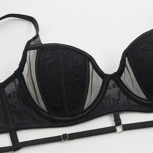 Elegant black lace mesh bra with soft underwire support and sheer embroidery details