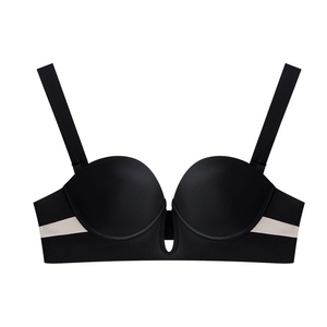 Seamless deep V-neck push up bra in black and beige contrast with invisible finish