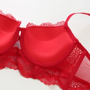 Détails de ce soutien-gorge en dentelle rouge française avec broderies et tulle fin