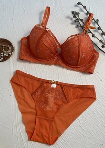 Ensemble de lingerie en dentelle brodée rouge orangé avec anneaux dorés et détails en mesh