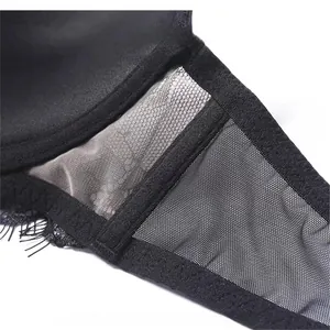 Detail of 6.5cm breathable mesh side wings and eyelash lace trim on black bra