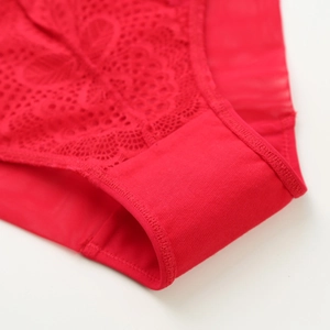 Gros plan sur la culotte en dentelle rouge montrant la broderie et la doublure en coton