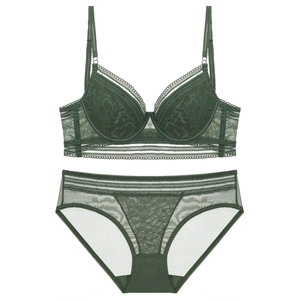 Deep green lace lingerie set with U-shaped back and sheer floral embroidery bra