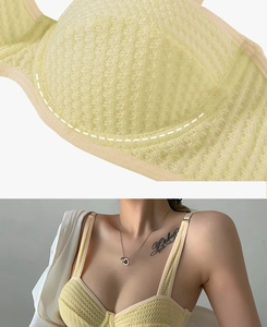 Detail showing breathable waffle texture and supportive thin straps of the yellow bra
