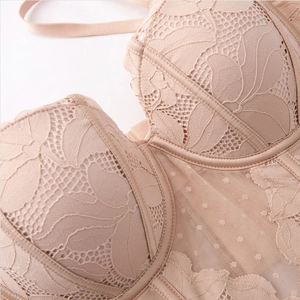 Elegant French lace corset bra in beige with floral embroidery and mesh details