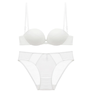 Minimalist white seamless lingerie set featuring front buckle bra and mesh lace panties
