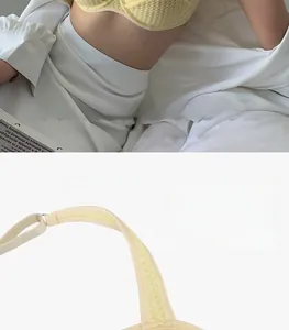 Detail view of yellow lace bra featuring ultra-thin cups and breathable mesh lining