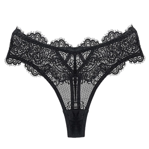 Sexy low-rise black lace thong with floral patterns and eyelash lace trimming