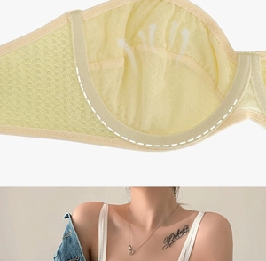 Detail of breathable mesh lining and soft support structure on a yellow lace bra
